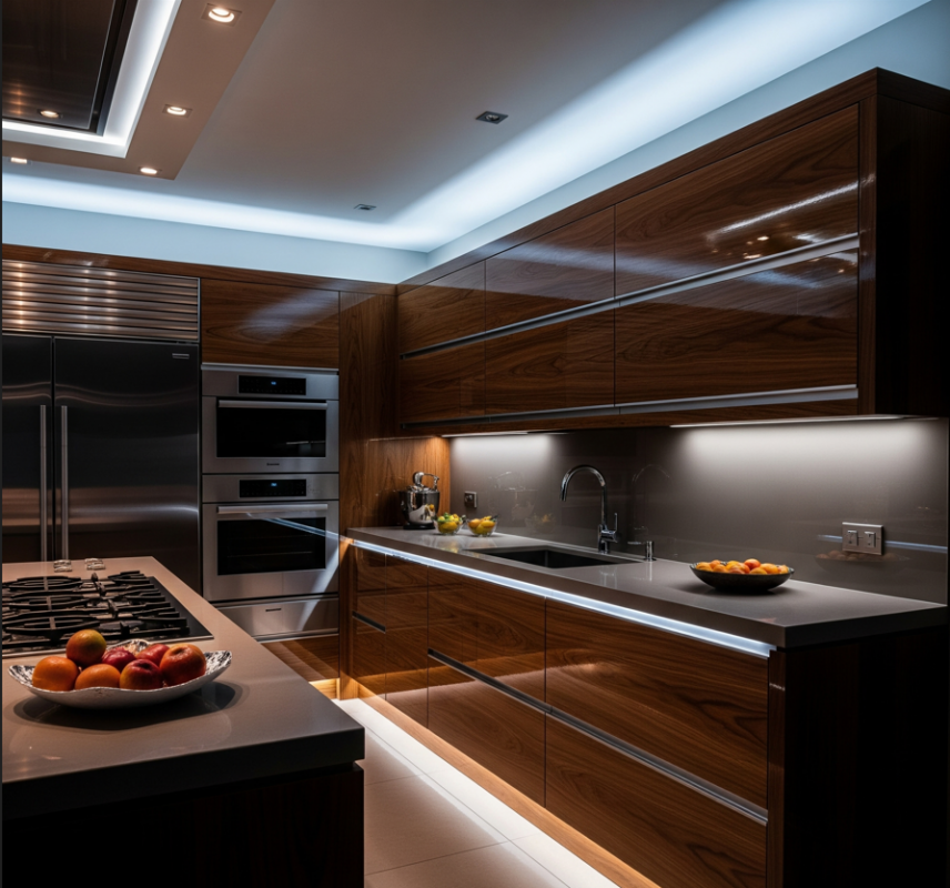 Hình ảnh nhà bếp sang trọng với đèn led chiếu sáng cực đẹp